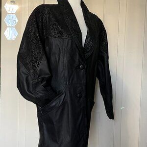 80s Vintage OUTBROOK Women's Black Embossed Leather Mid Trench